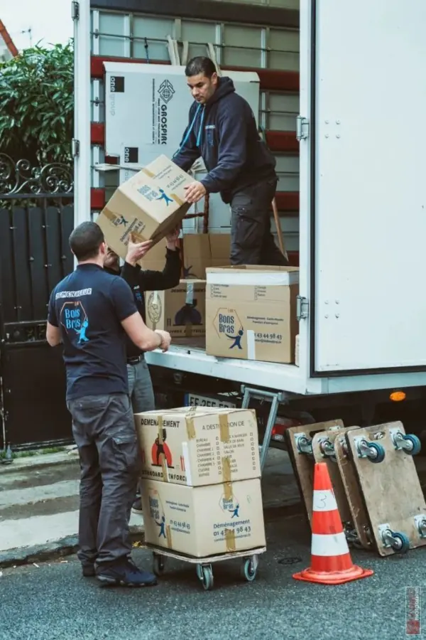 Deux déménageurs qui chargent un camion avec des cartons
