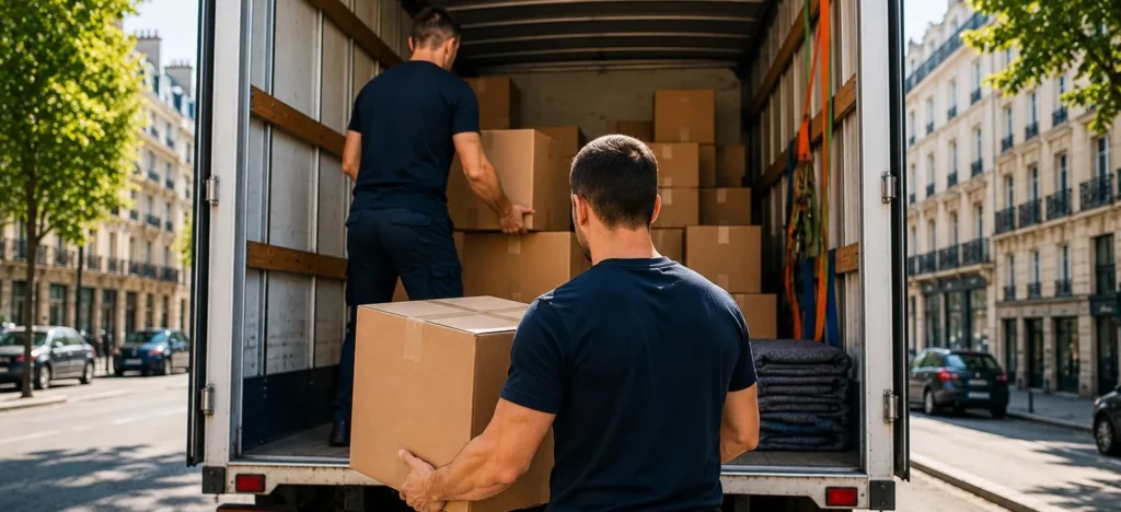 Déménageurs en action devant un camion.