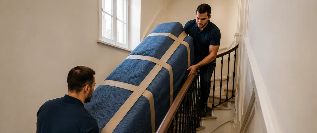 Déménageurs en train de manipuler un objet lourd et volumineux dans un escalier étroit