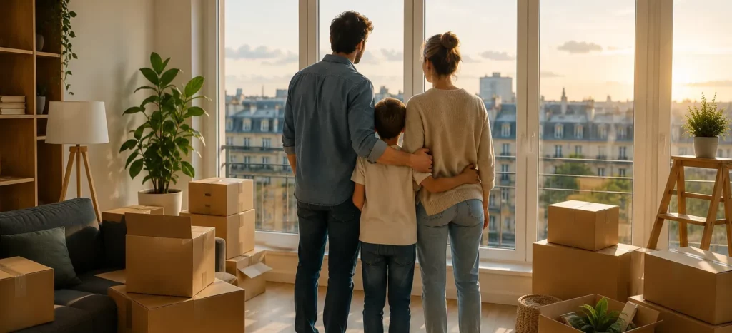 Couple en plein déménagement qui regarde par la fenêtre en pensant à l'avenir..