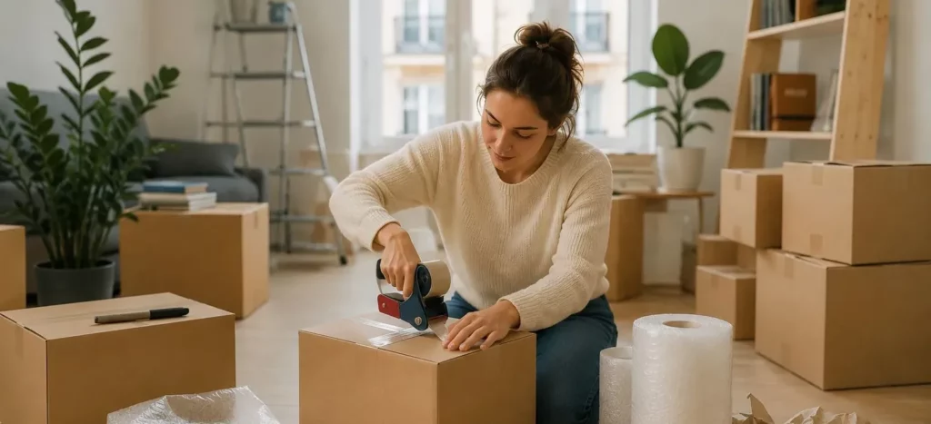 Femme en train de préparer des cartons